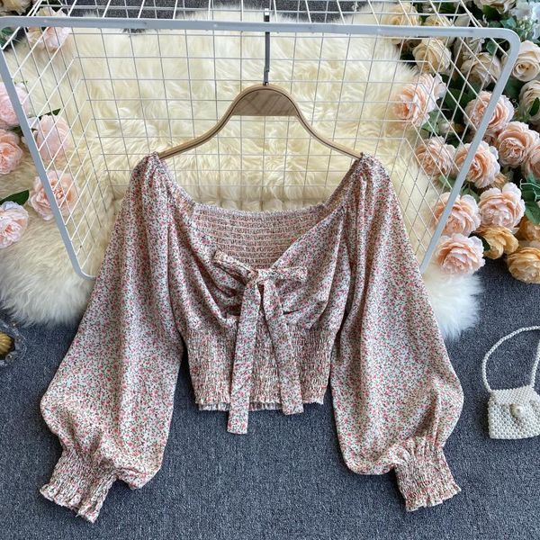 

2021 new female elastic singiny ruched blouse spring cord neck puff short chiffon floral printing shirts 447t, White