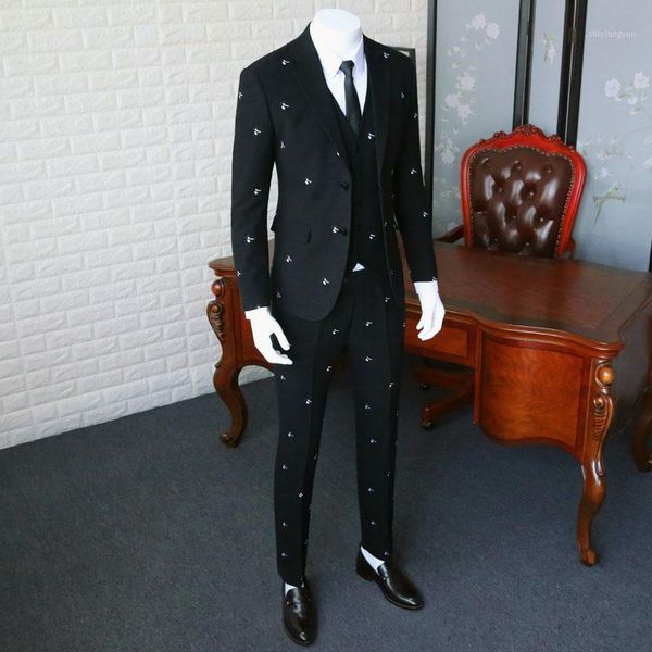 

anti-wrinkle suit blazer slim fit / man pure black embroidery suit jacket / men wedding dresses three pieces 365wt191, White;black