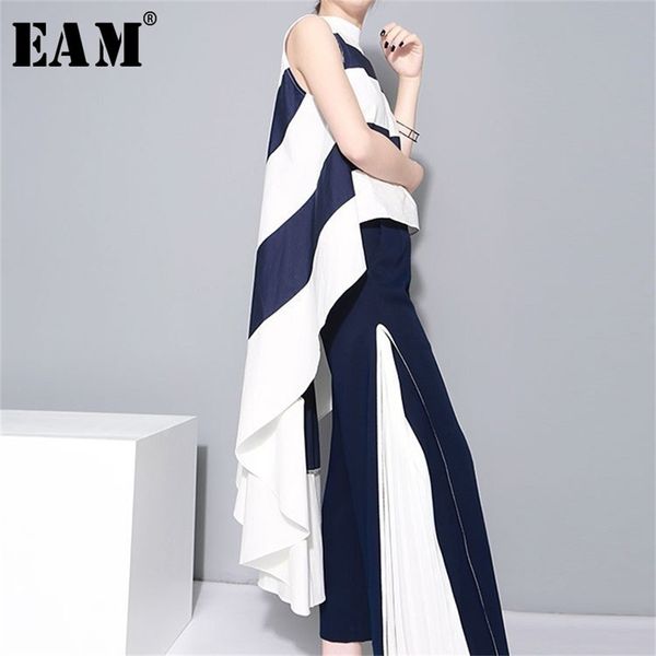 

[eam] 2020 new spring stand collar sleeveles blue striped big hem irregular loose shirt women blouse fashion tide lj200815, White