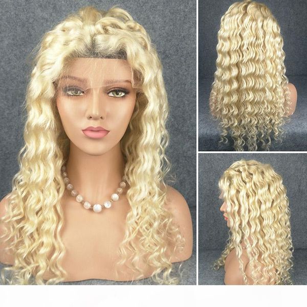 

brazilian virgin full lace human hair wigs glueless full lace front wig blonde 613 color deep wave wigs for black women part, Black;brown