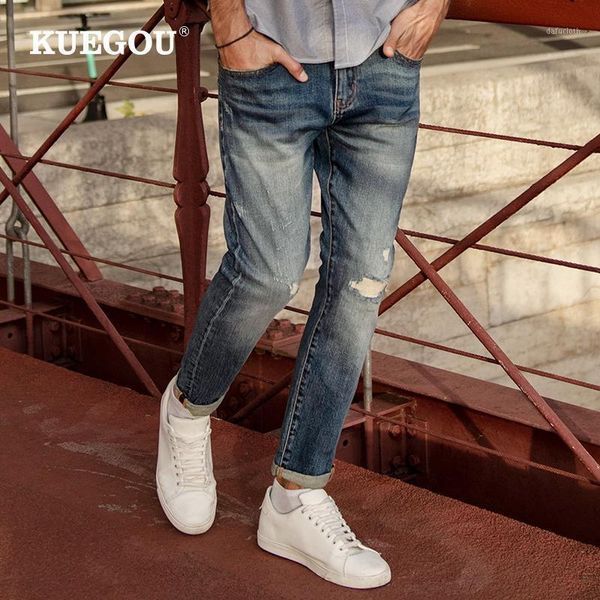 

kuegou 2021 spring cotton blue hole ripped skinny jeans men streetwear brand slim fit denim pants for male stretch trousers 18351