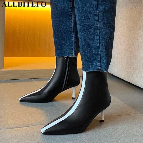 

allbitefo thin heel natural genuine leather high heels women boots thick heels office ladies shoes ankle boots for women1, Black