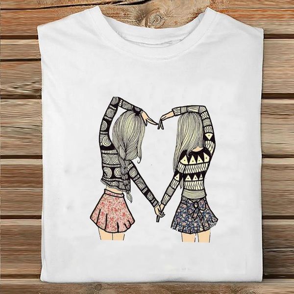 

женщины с коротким рукавом плюс размер влюбленности мода 4xl мультфильм сестра друзья одежда печать футболки женские тройники вершины дамы г, White