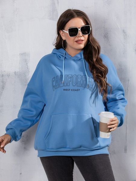 

plus letter graphic drop shoulder drawstring hoodie r4ng#, Black