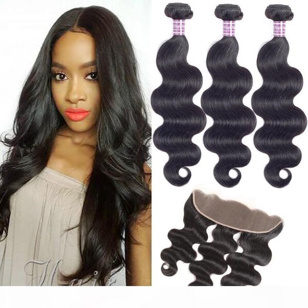 

10a brazilian virgin body wave human hair 3 bundles with frontal brazilian lace frontal with bundles remy hair extensions, Black