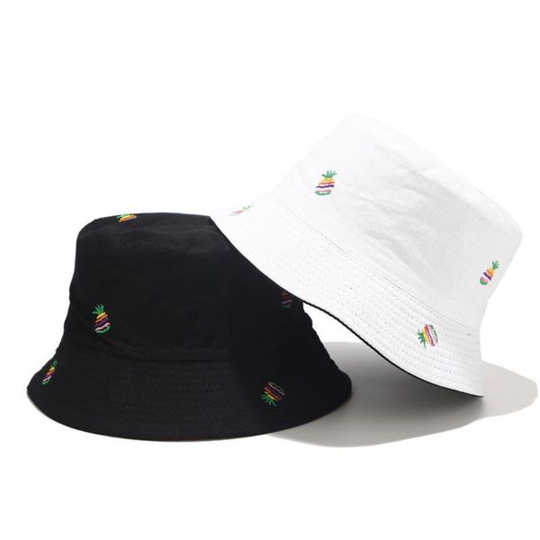 

women summer tropical bucket hat rainbow stripes pineapple embroidery reversible wide brim double sided fisherman cap, Blue;gray