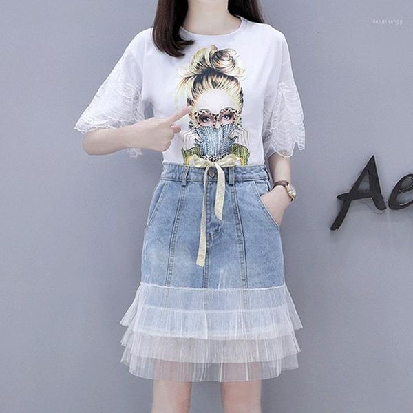 

2 piece set women flare sleeve shirt and ruffle gauze patchwork skirts 2020 runway summer mini denim skirt sets outfits1, White