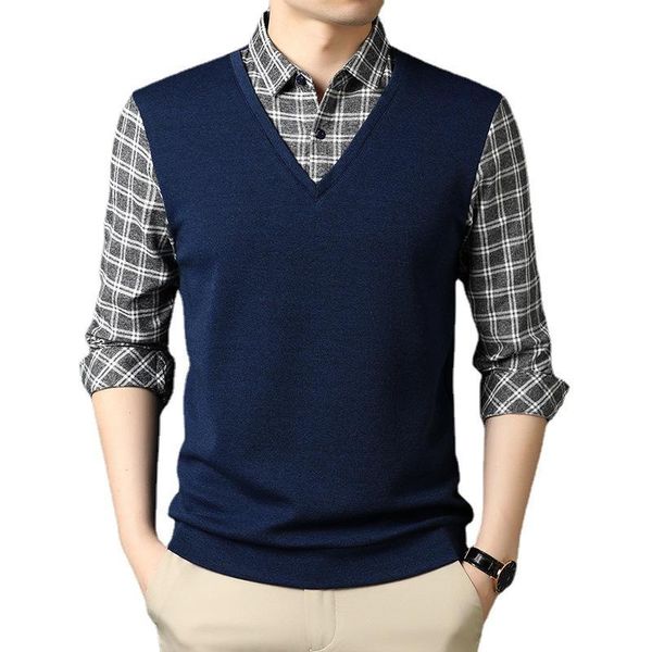 

men's sweaters 2021spring autumn business casual long sleeve shirt sweater lapel fake two-piece bottoming clothes, White;black