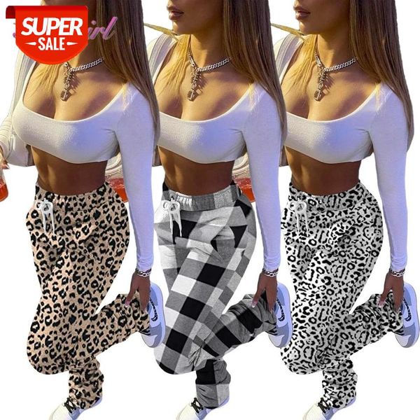 

casual leopard plaid print drawstring fleece high waist stacked pants women autumn warm active leggings pants jogger trousers #st1i, Black;white