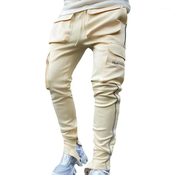 

men's pockets casual loose cargo pants boys fashion reflective sportswear fitness running outdoor long pants plus size trousers1, Black
