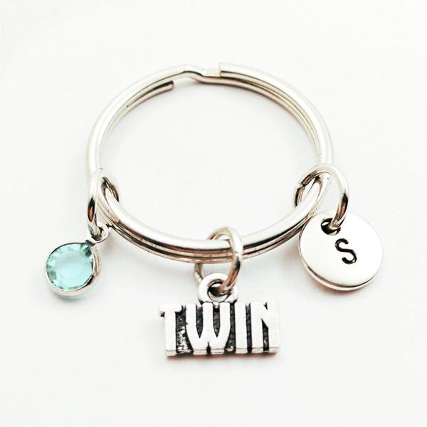 

twin family creative initial letter birthstone keychains keyrings fashion jewelry women gifts accessories pendant, Silver