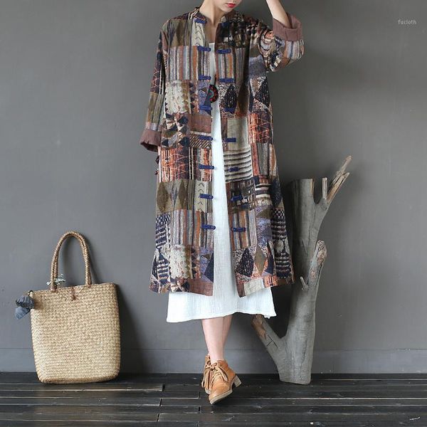 

cotton linen long sleeve long coat women chinese style vintage print casual trench coat autumn spring original design a2061, Tan;black