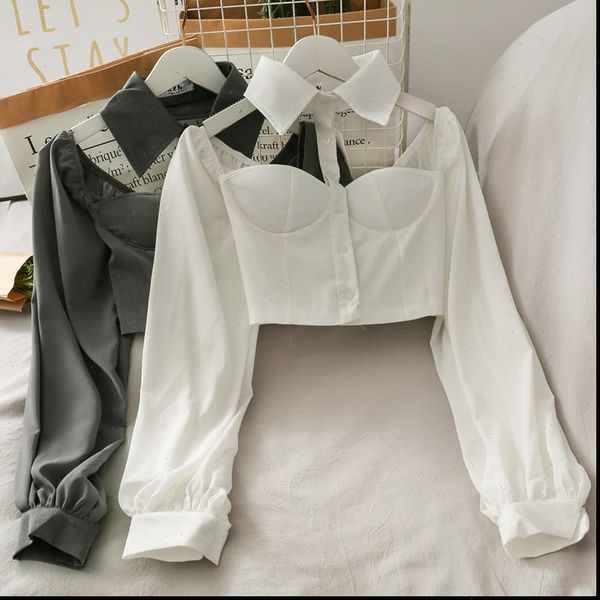

2021 autumn long sleeve halter hollow out slash neck backless blouse women streetwear mk097 drop shipping, White