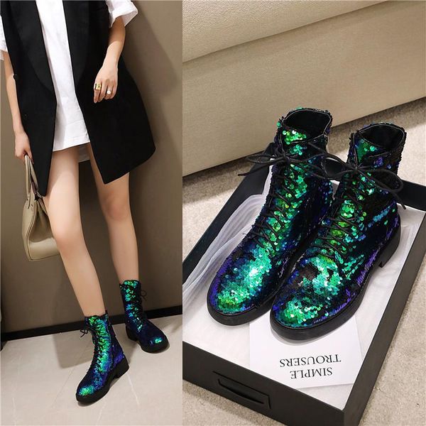 

women's boots autumn and winter new round head zipper discoloration sequin short tube women's shoes plus size 33-43, Black