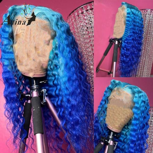 

preplucked deep wave human hair wig bleach knots brazilian remy ombre blue colored hd transparent lace front wig with baby hair, Black;brown