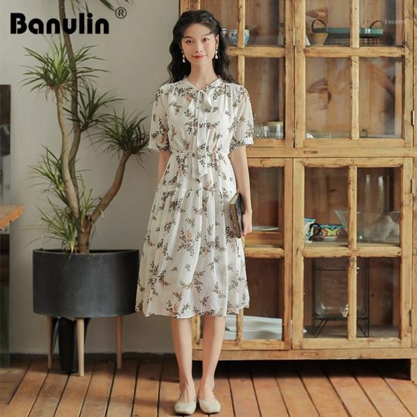 

banulin korean elegant floral print women summer dress female short sleeve female midi dresses 2020 summer chiffon vestidos1, Black;gray