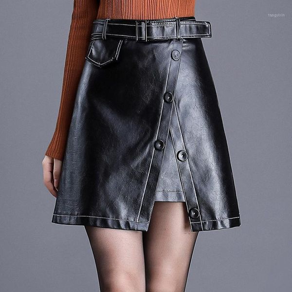 

women high waist slit mini black leather skirt with belt female streetwear hip hop punk gothic plus size faux leather skirt1