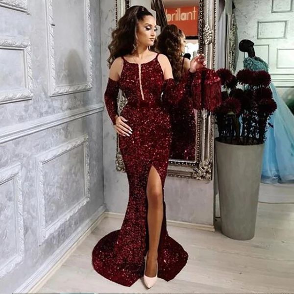 

side slit burgundy arabic sequinned evening dresses halter mermaid prom gown party celebrity dress detachable long sleeves robe luxe femme, Black;red