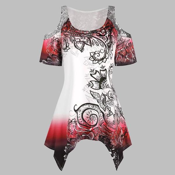 

sequins print blouse women short sleeve off shoulder irregular hem shirt plus size shirt for femme blouse camisas mujer shirts, White