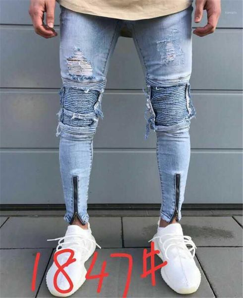

punk style men jeans hole zipper pencil pants slim denim trousers black jeans skulls moto biker hole long pants for mens spring1, Blue