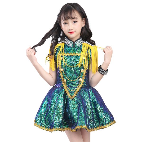 

girls dance costume kids jazz dancing princess dress sequin fringe rhinestone dress festival performance clothing stage wear 684, Black;red