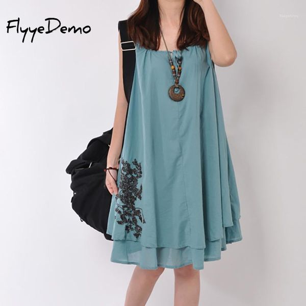 

women summer dresses 2020 floral embroidery knee length bow loose dresses casual dress boho beach sleeveless dress1, Black;gray