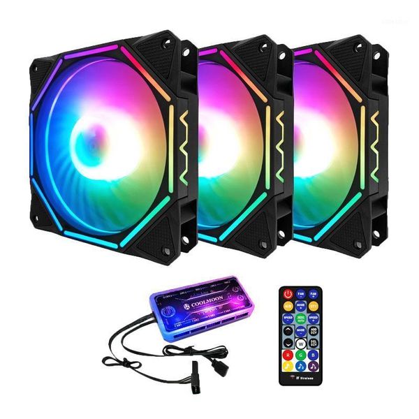

coolmoon rgb chassis fan, 12cm silent polygonal light inside and outside+music controller computer cooling fan cpu fan (3 pcs)1