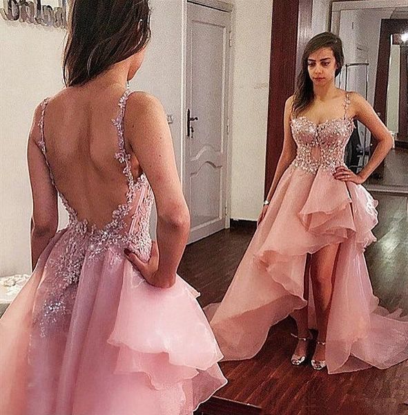 Sexy Backless Спагетти Выпускные платья Appliqued Кружева Бисер ремни Асимметричный Длинные вечерние платья для подростков Девушки Женщины Pageant платье Специальная одежда