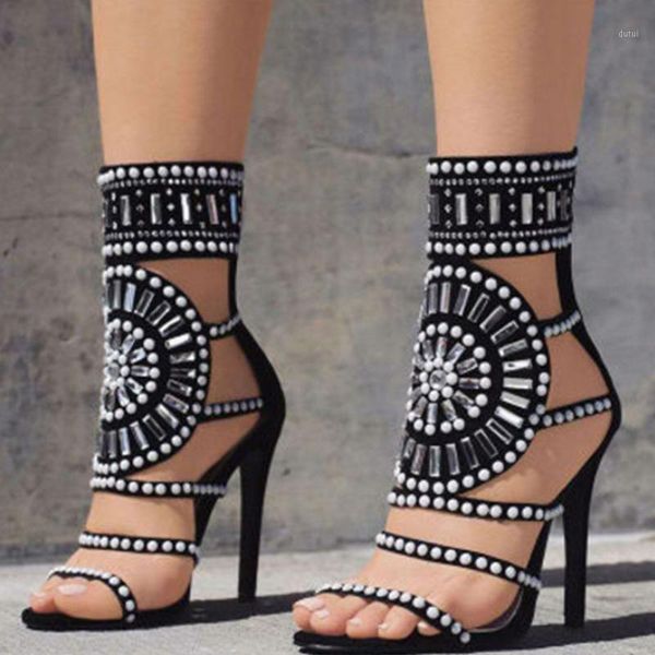 

foxines new sandals for women 2020 hollow out rhinestone fish mouth high heels fashion roman style party shopping shoes women1, Black