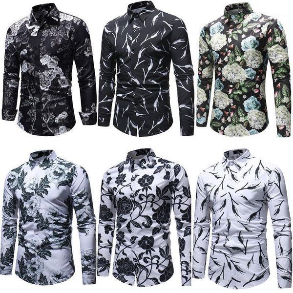 

fashion mens slim fit floral shirt casual long sleeve dress shirts luxury 1, White;black