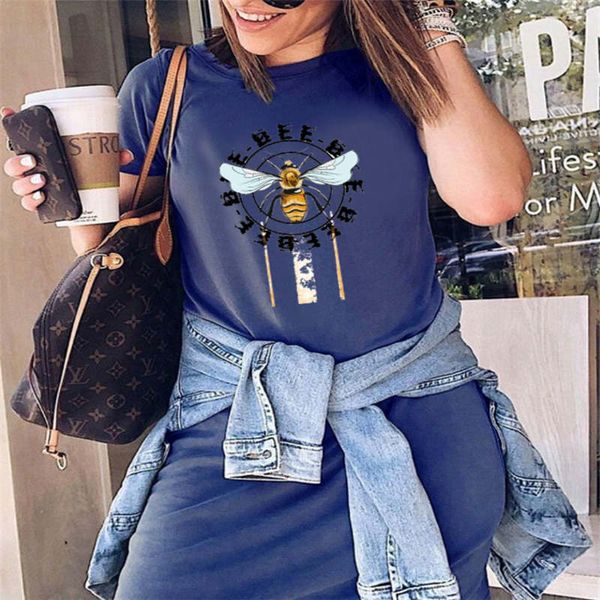 

2020 selling explosive printed dress women's european and american women's summer new heat transfer round neck bee t-shirt size s, White