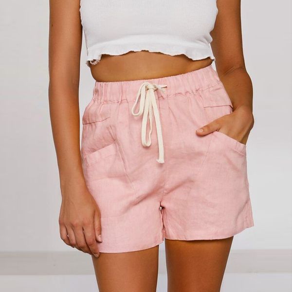 

fashion women's drawstring elastic waist pocket pure color cotton linen loose lady home shorts spodenki, White;black