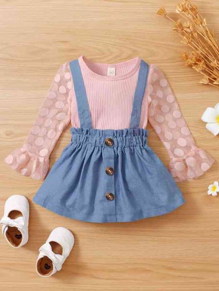 

baby contrast dobby mesh flounce sleeve & single breasted pinafore skirt she, Blue