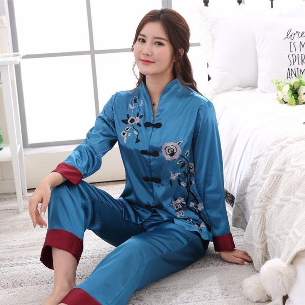 

2pcs chinese style women embroidery flower pajamas set satin pyjamas suit novelty button sleepwear  l xl xxl 3xl1, Black;red