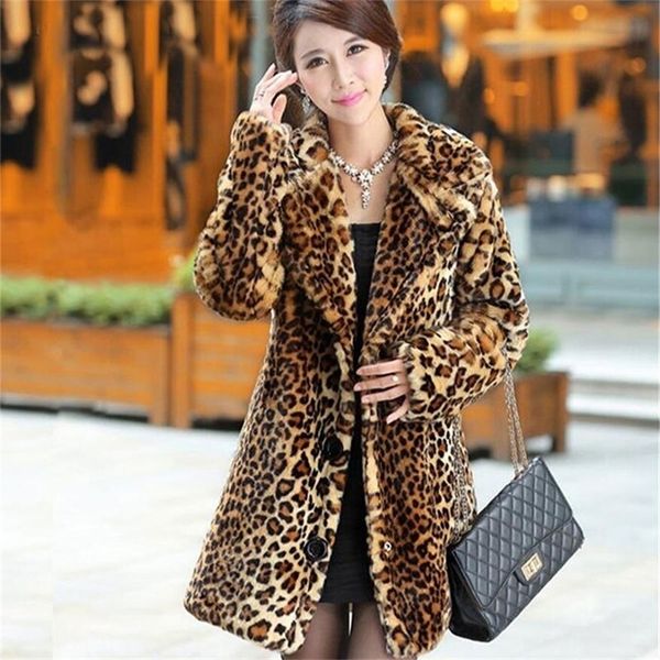 New Winter Women Faux Coelho Coelho Casaco de Ouro Leopardo Leopardo Jaqueta Jaqueta Trench Casacos Sexy Luxo Feminino Overcoat Plus Size 201211