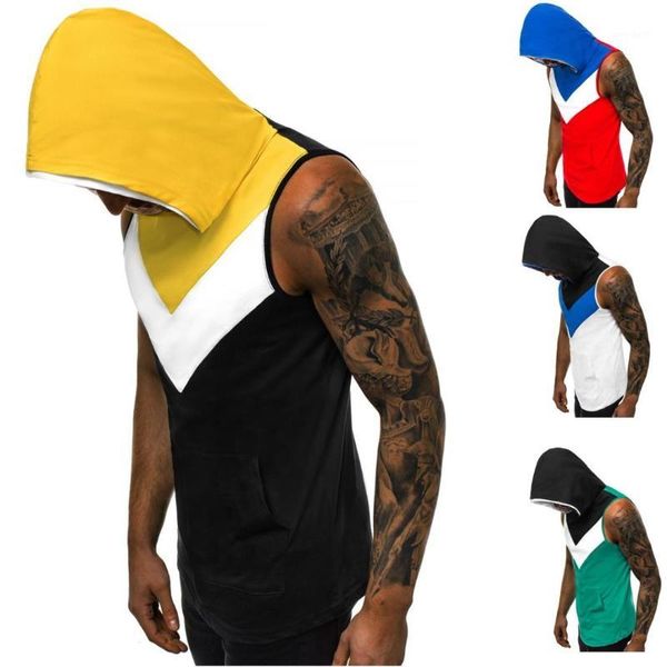 

men' tank contrast color sleeveless hoodie men fitness bodybuilding vest fashion workout cotton gym clothing musculation ropa de homb, White;black