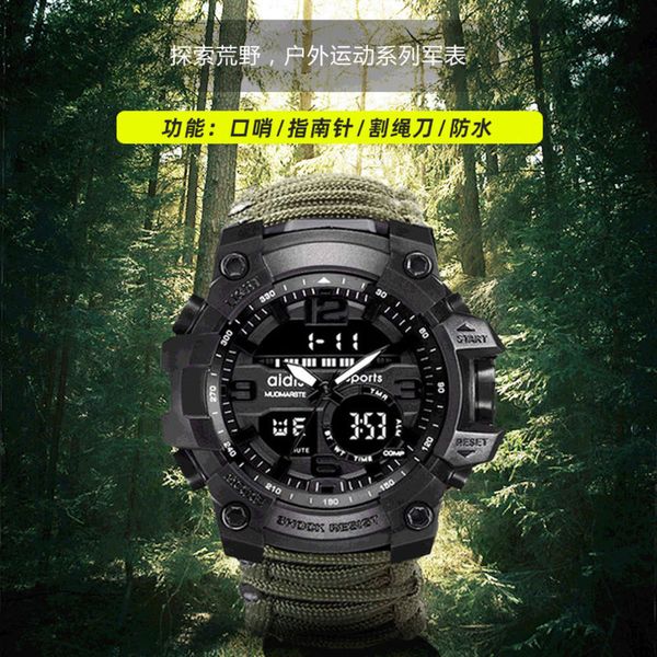 

watch aidi time compass luminous multifunctional outdoor mountaineering whistle flint waterproof electronic men's watch, Slivery;brown