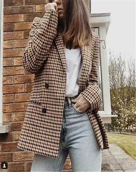 

double breasted plaid suit coat women clothing loose casual business attire western style temperament ladies jackets autumn new1, White;black