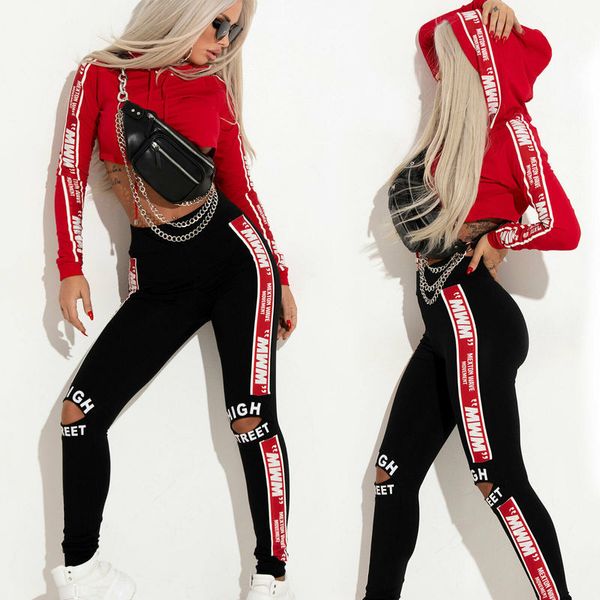 

fashion punk hip hop set streetwear 2 piece set autumn long sleeve hoodies and matching printed hole long pants women tracksuits 201007, White