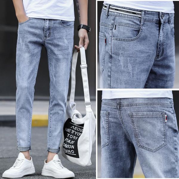 

spring autumn 2021 new jeans men's trendy brand stretch self-cultivation korean casual light-colored teenagers pencil pants, Blue