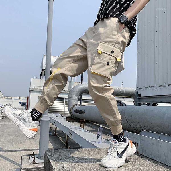 

spring summer new overalls men's feet tide brand overalls pants leg pants casual men letter ribbons casual hip hop joggers1, Black