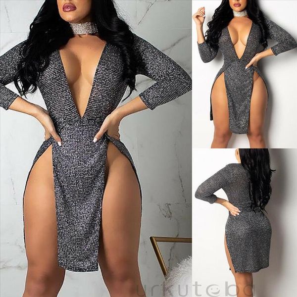 

2021 women ladies sequined party club dress clothing deep v neck long sleeve split bodycon dance dress, Black;gray