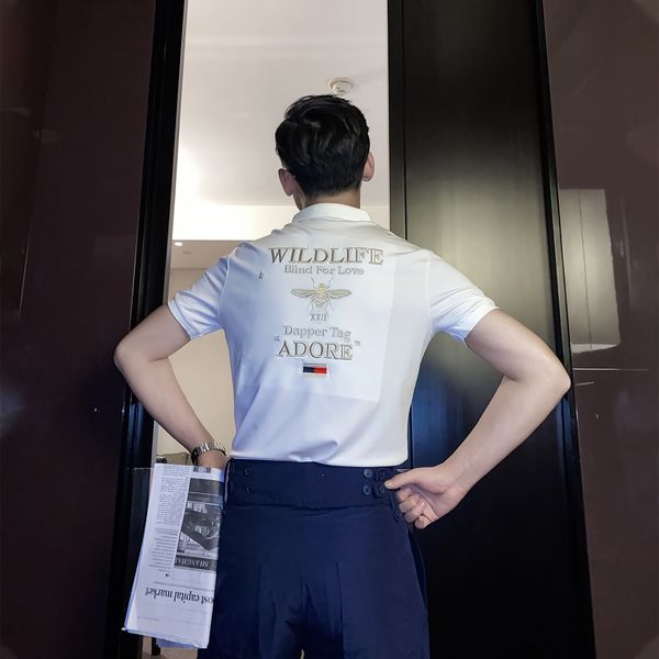 

daio mens korean british lapel short sleeve versatile back bee embroidered english printed t-shirt trend