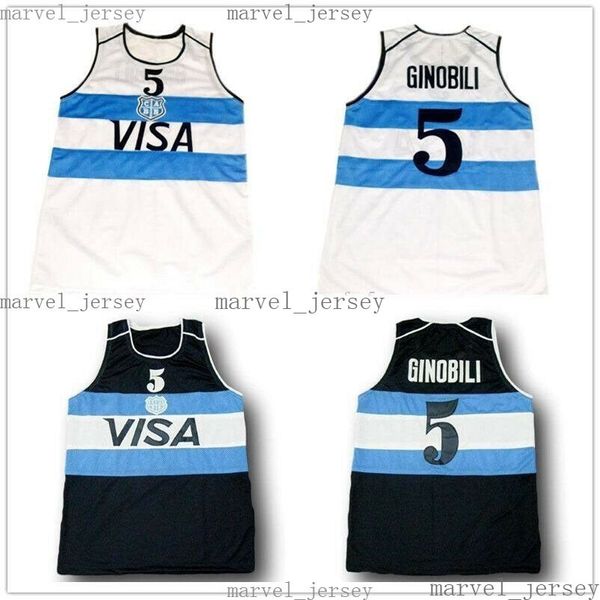 barato Manu Ginobili # 5 equipe argentina jerseys de basquete costurado branco marinho homens mulheres juventude xs-5xl