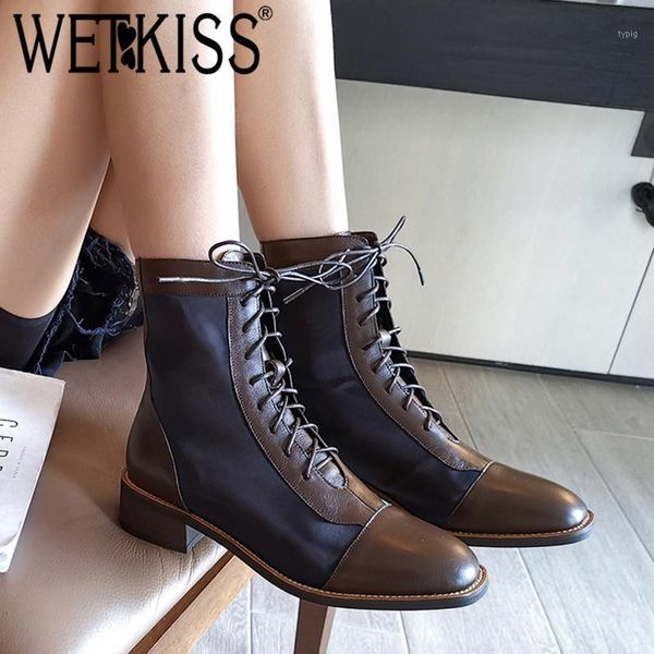 

boots wetkiss motorcycle women satin low heels ankle boot female square toe lace up shoes ladies casual cow leather winter1, Black