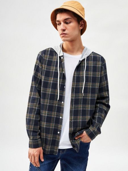 

men plaid print hooded shirt 02jk#, White;black