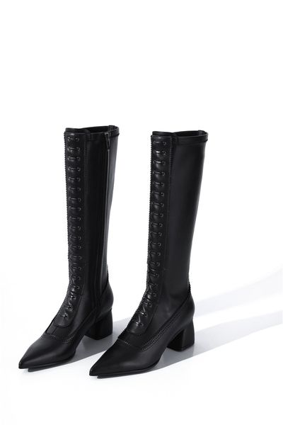 

morazora 2020 knee genuine leather thick heels pointed toe winter women boots, Black