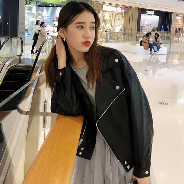 

2021 new fall released beige plutonium leather streetwear female turn down collar black jacket outwear kwwl