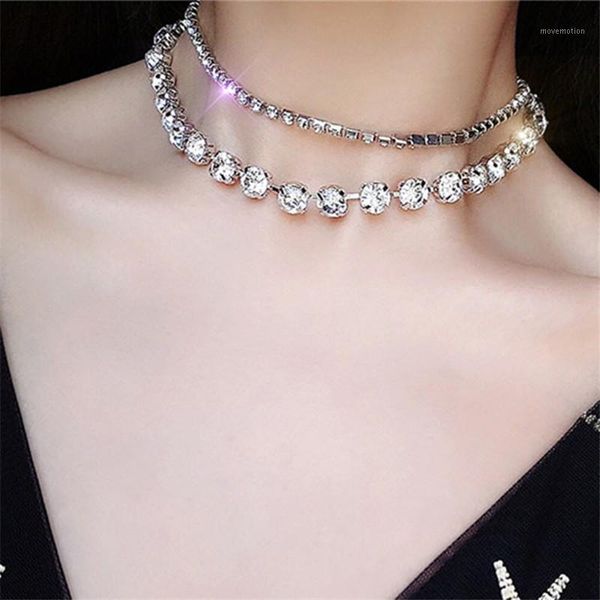 

new fashion personality rhinestone double necklaces luxury shiny crystal necklace jewelry statement women's necklace accessories1, Golden;silver