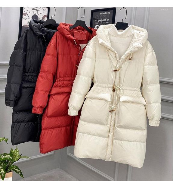 

women's down & parkas winter women 90% white duck jacket loose hooded midi long parka red horn button stand collar outwear1, Black